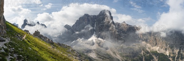 Alpine panorama, fog and Torre Di Brentai and Cima Tosa, rocky mountain peaks and mountain