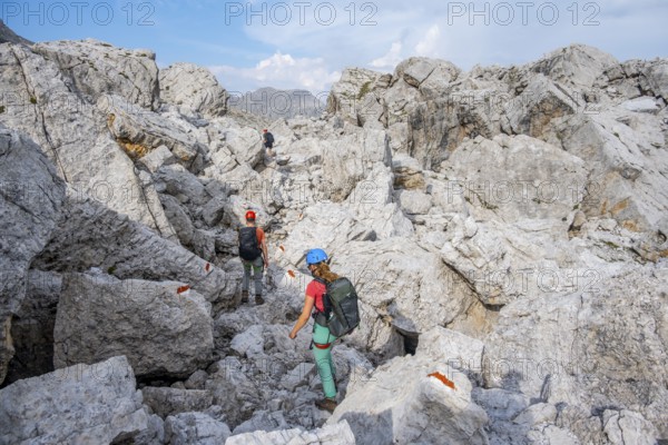 Climbers on a hiking trail, rocky mountain landscape, Via Ferrata SOSAT via ferrata, Brenta