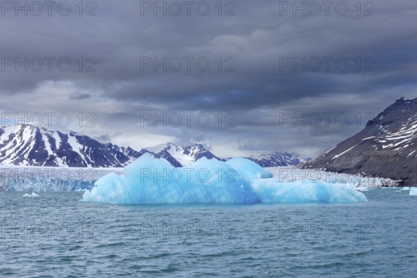 Ice floe floating in front of Idabreen, Ida glacier calving into Liefdefjorden at Idabukta bay,