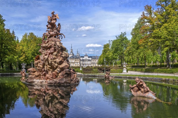 Rococo sculptures and fountain in the Gardens of the Royal Palace of La Granja de San Ildefonso,