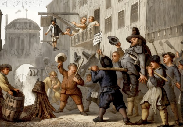 Bonfires in Fleet Street to mark the Restoration of Charles II in 1660, with members of the Puritan