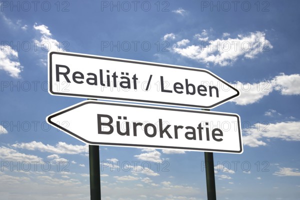 (photo montage) Directional arrows against a blue sky with the inscription REALITY/LIFE and