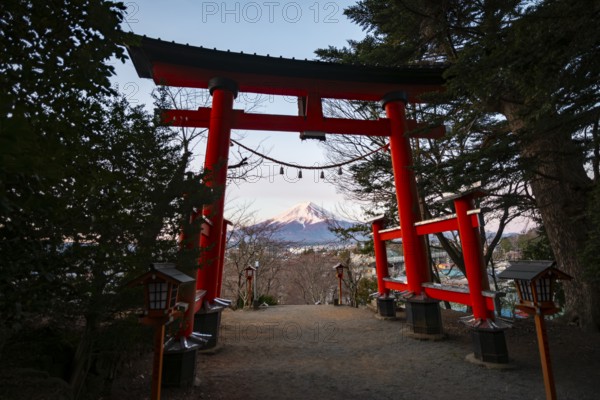 View through red torii of Mount Fuji volcano at sunrise, Arakura Fuji Sengen Shrine, Arakurayama
