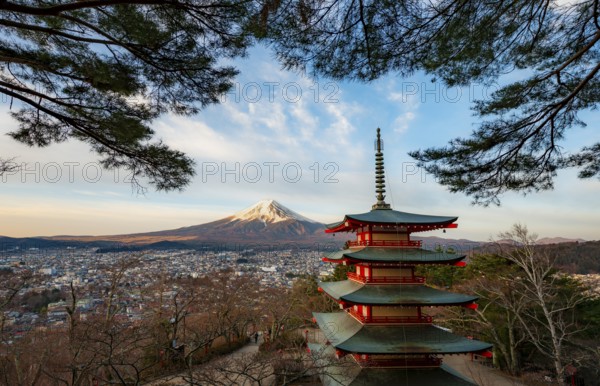 Five-story pagoda of a Shinto Shrine, Chureito Pagoda, with views of Fujiyoshida City and Mount