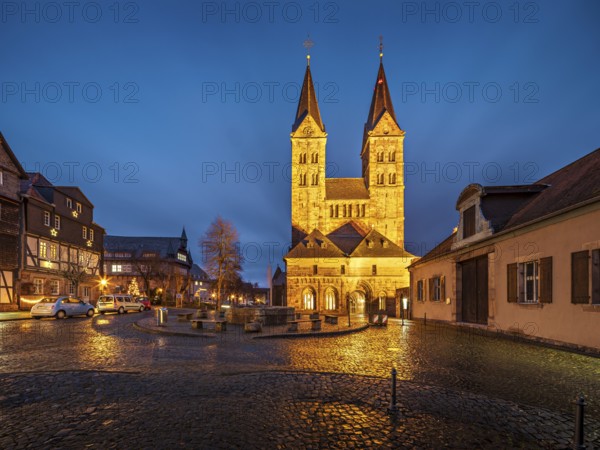 The cathedral in the historic old town in the evening, cathedral square with cobblestones,