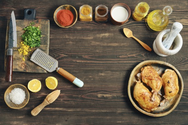 Roasted chicken legs are on a wooden platter next to bowls of spices, herbs, and lemon. A knife,