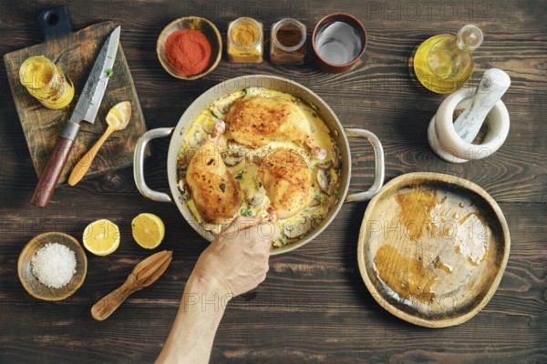 A hand puts fried chicken thighs in a saucepan with creamy mushroom sauce, top view. The pan is