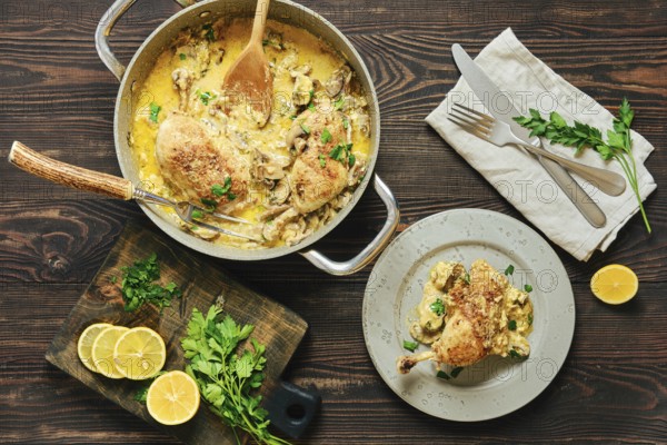 Top view of home-cooked creamy chicken legs in mushroom sauce served with parsley and lemon on