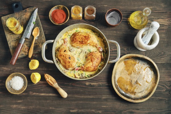 Three pieces of chicken cooked in a pot with a mix of spices and creamy mustard sauce. The pot is