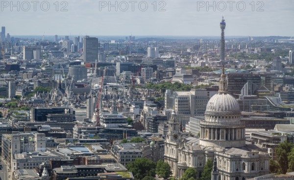 View of London city center from Sky Gardens with St. Paul's Cathedral and BT Communication Tower,