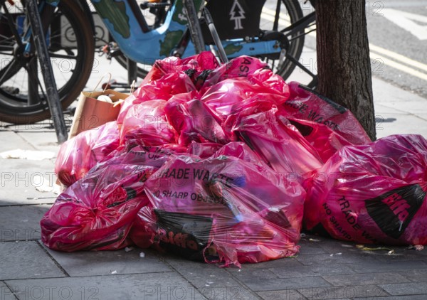 A pile of pink plastic bags with the words Trade Waste lying on the side of the road on the