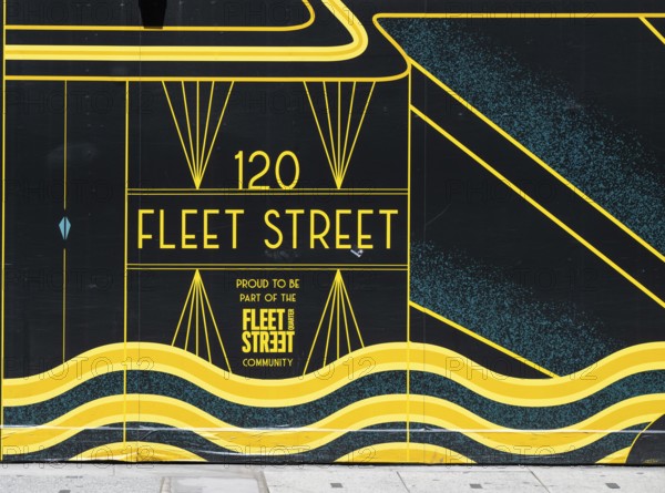 Graphically designed Fleet Street lettering in yellow and black shades, London, England, Great
