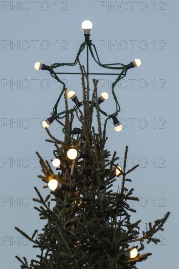 Christmas tree illuminated with light bulbs with star tip, Korpoström, Korpo or Korppo,
