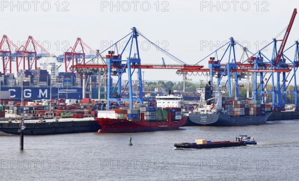 Container ships at the Burchardkai terminal on the Elbe in the Port of Hamburg, Hanseatic City of