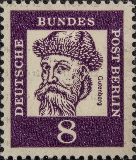 Johann Gutenberg, (about 1400-1468) a German book printer and inventor. Portrait on a German