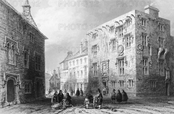 Street scene in Galway, County Galway, Ireland, marketplace with saleswomen, full basket, horse