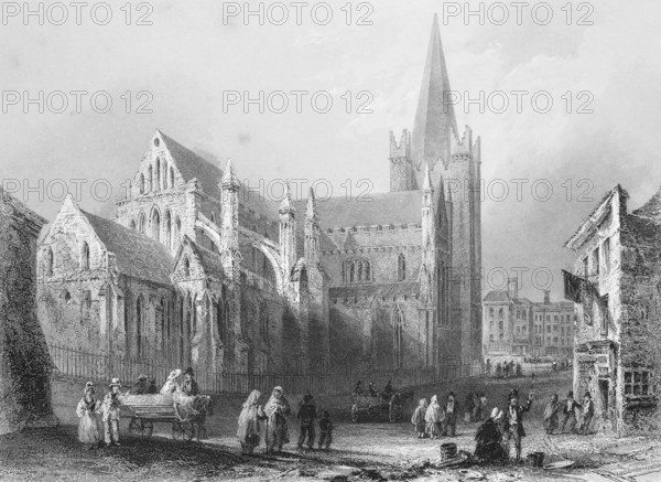 Cityscape with gothic cathedral, Ireland, many people, trade, sales, square, horse-drawn carriage,
