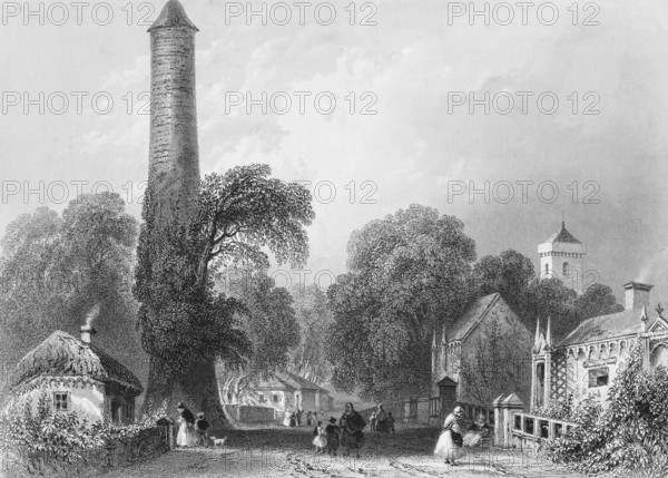 Street scene of a small town in Ireland, peaceful life, village idyll, dirt road, round tower,
