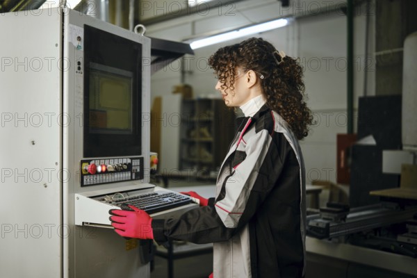 Woman launches an application for a milling machine in a furniture factory. She wears gloves and a