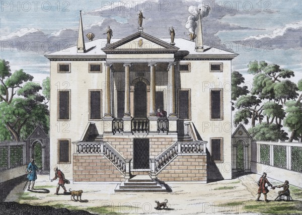 Palazzo, Este, hand-colored copper engraving or copper etching by Johann Christoph Volkamer or