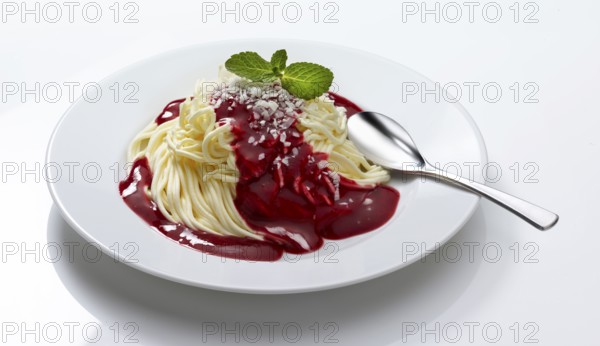 Spaghetti ice cream with hot raspberries on a white plate, decorated with a mint leaf, studio shot