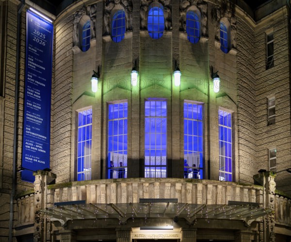 Balcony in front of theatre, Altes Schauspielhaus, façade, illuminated, Stuttgart,