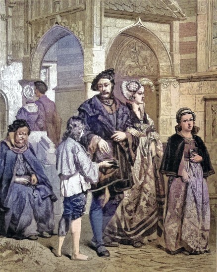 Noble people come out of the church and give alms to the poor, after the church beggars, donations/