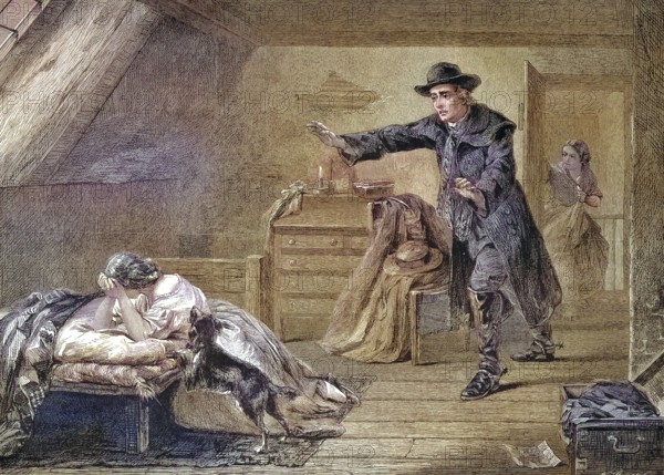 In the attic, woman sad, man and dog rush to comfort her, great sorrow, grief, fear, situation at