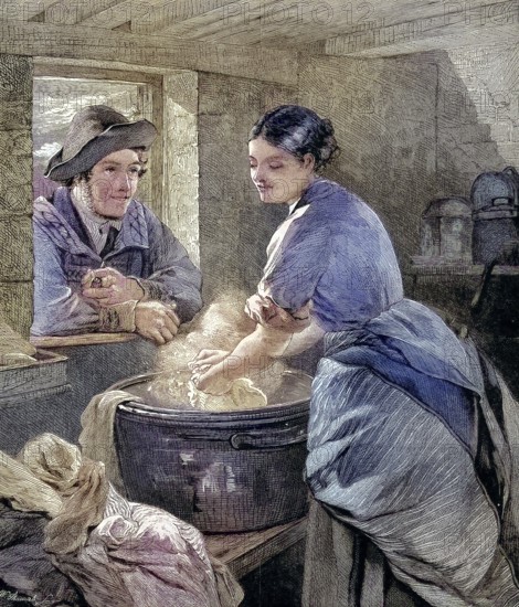 Woman doing housework, washing clothes, young man looking through the window and trying to flirt
