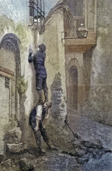 Courtship of a young man in Spain standing on the shoulder of his friends and talking to a young