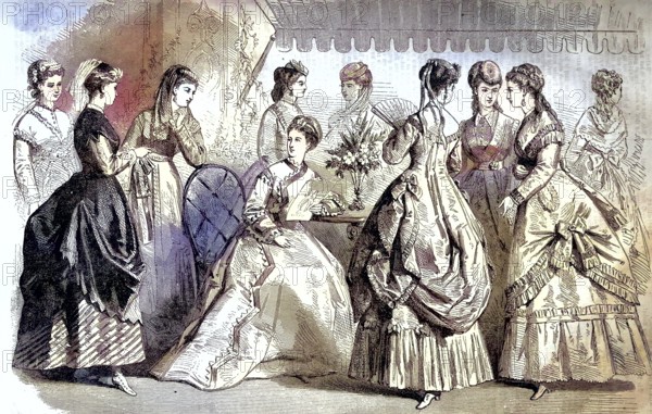 The summer fashion of the distinguished ladies in Germany around 1860, woman in gowns at home/The