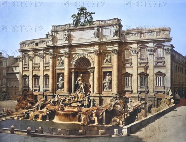 Historical photo (ca 1880) of the Trevi Fountain, Fontana di Trevi, a fountain in the Trevi