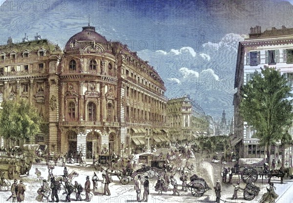 Traffic and people in the street Boulevard des Capucines, Chaussee d' Antin and the New Theatre in