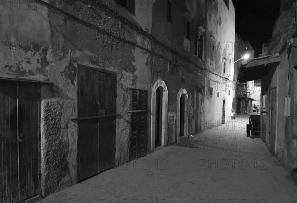 Nocturnal alley with old facades and closed door in a quiet area, monochrome, old town of