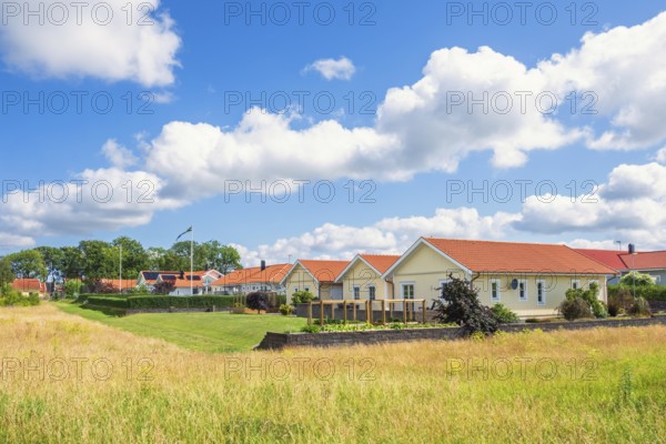 Residential houses with gardens and wooden facades along a green meadow under blue sky with white