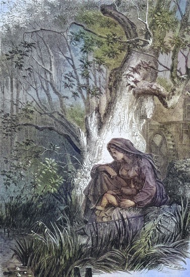 An illustration of the healed world of the 19th century, a woman with her child sitting under a