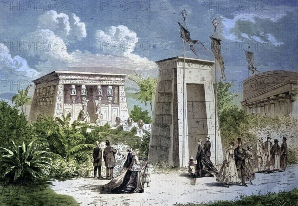 World Fair, World Exposition or Universal Exhibition in Paris, France, reconstruction of an
