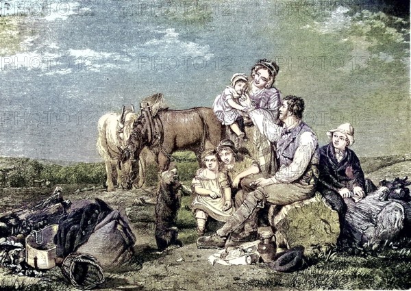 American farmer family at breakfast break in the field/American farmer family at breakfast break in