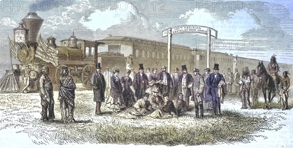 The railroad in America, here a train station in the Prairie, Union Pacific Railroad/The Railroad
