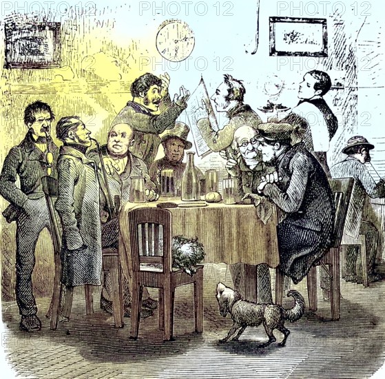 Politicians discussing in a living room, historical, digitally restored reproduction of an original
