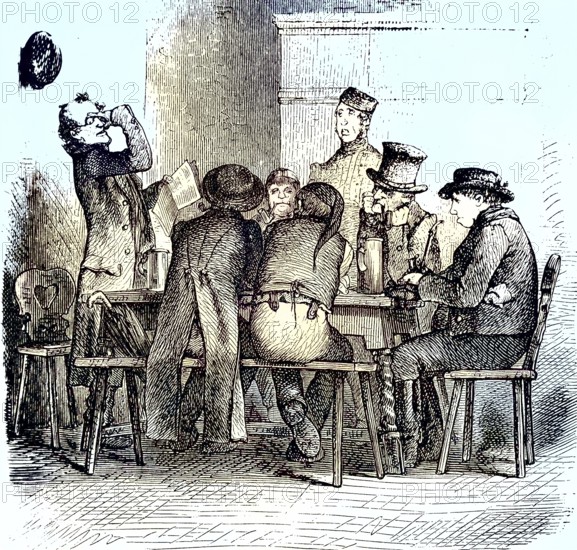 Männer in einer Bauernstube/Men in a Farm Room, historical, digitally restored reproduction of an