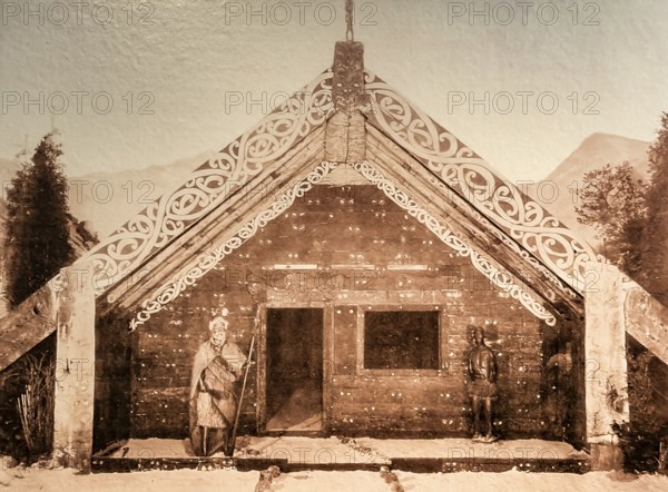 Taewahki can be seen on the right side of the porch of the meeting house, which the company J.F.G.