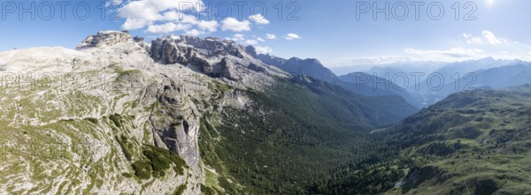 Impressive mountain peaks of the Brenta Mountains, 360 degree alpine panorama, evening mood, aerial