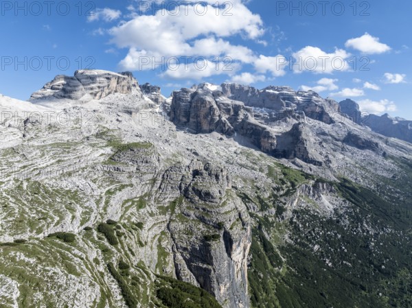 Impressive mountain peaks of the Brenta Mountains, 360 degree alpine panorama, aerial view, Brenta,