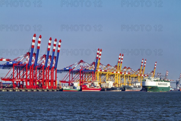 Various container cranes and ships at a busy seashore port, The cranes of the Bremen industrial
