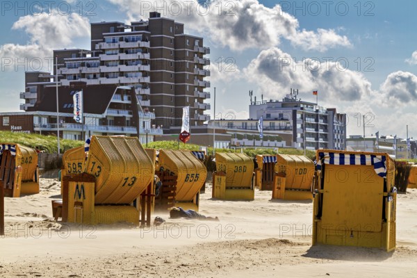 Yellow beach chairs on the beach in front of skyscrapers and a cloudy summer backdrop, beach chairs