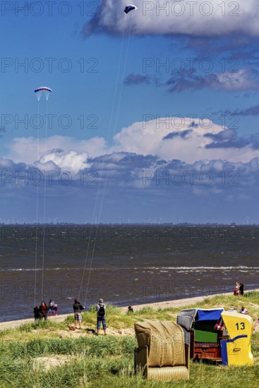 Beach chairs by the sea with people and kites in the sky under blue sky and clouds, beach chairs on
