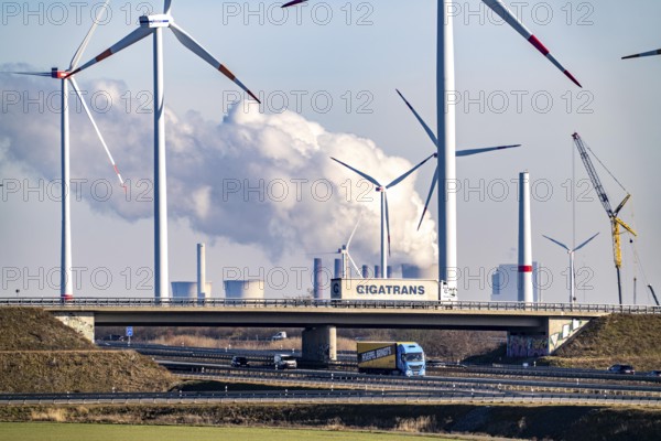 RWE Power brown coal power plant Neurath, RWE wind farm, Jackerath motorway junction, A44 and A61,