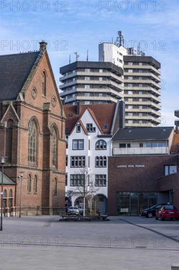 The city center of Herne, Europaplatz, evangelische Kreuzkirche, high-rise residential building,