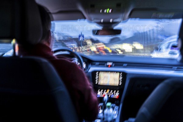 Driving on the A40 motorway, motorway access, Ruhrschnellweg, in heavy traffic, driver's